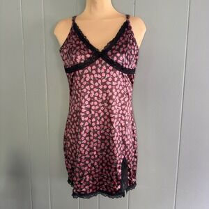 Garage Satin Babydoll Slip Dress Rose Print Mini Black Pink‎ Lace M Y2K Style